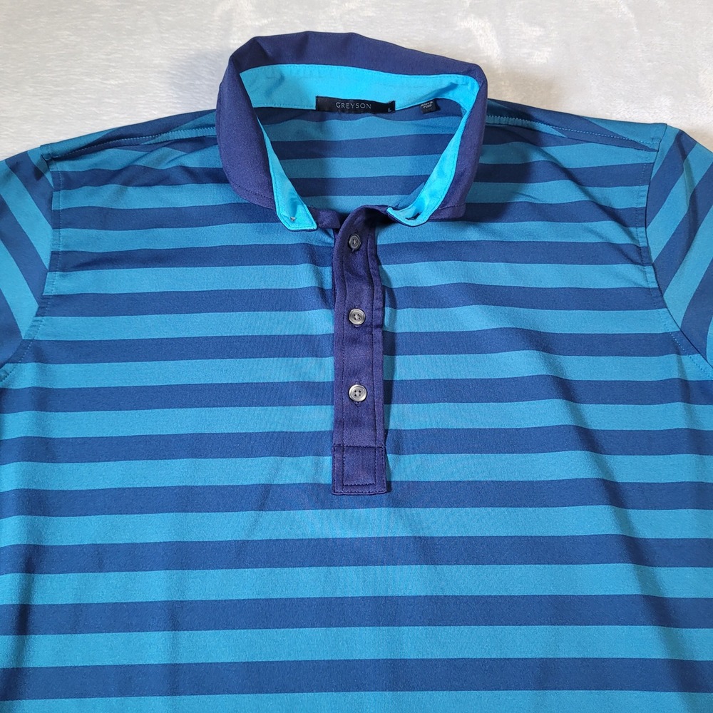Greyson Shirt Mens Large Blue Striped Polo Golf Performance Stretch Short Sleeve